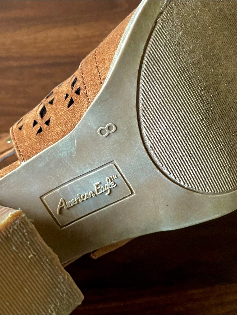 American Eagle Cut Out Open-Toe Faux Suede Tan/Brown Block Heel Booties/Sandals - Picture 7 of 12